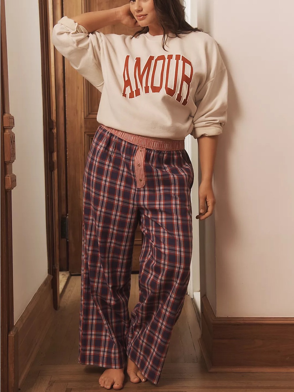 Anthropologie the Wren Boxer Pants Pajamas Womens XL Navy Blue Pink Plaid Lounge